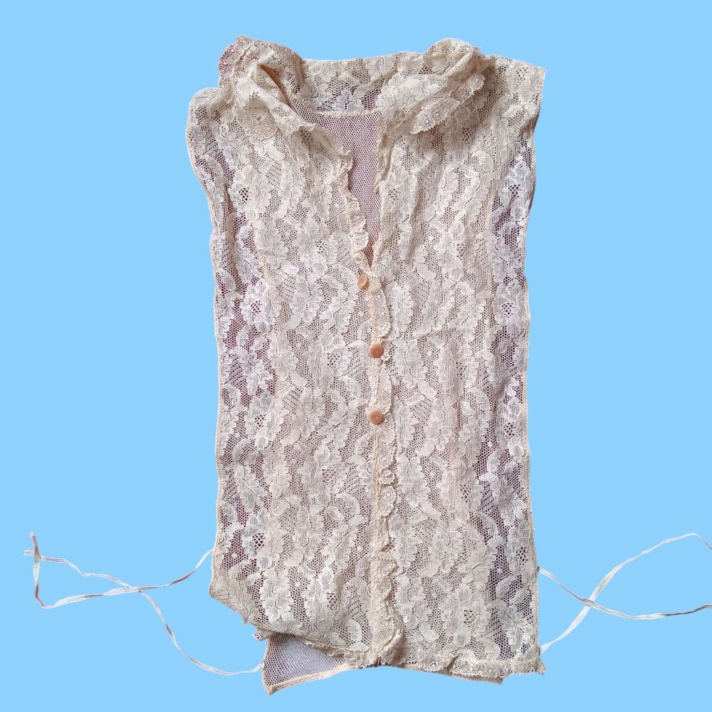 True Vintage Women's Goth Vest XS Antique 1900's Lace Sleeveless Blouse Top